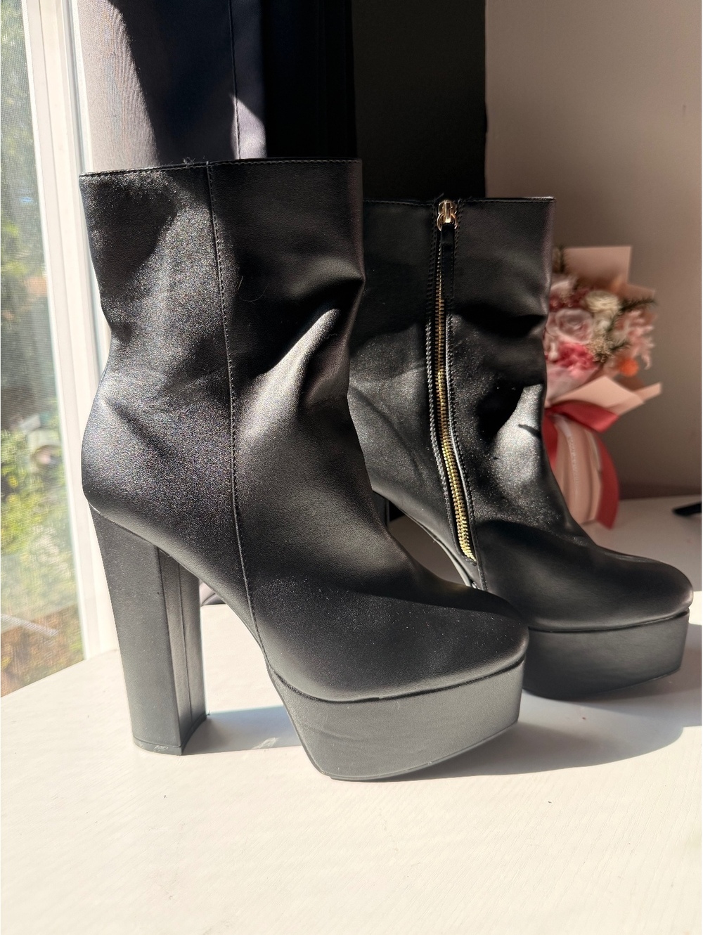 Women’s Size 10 Black Platform Ankle Boots Chunky Block Heel Side Zip Y2K